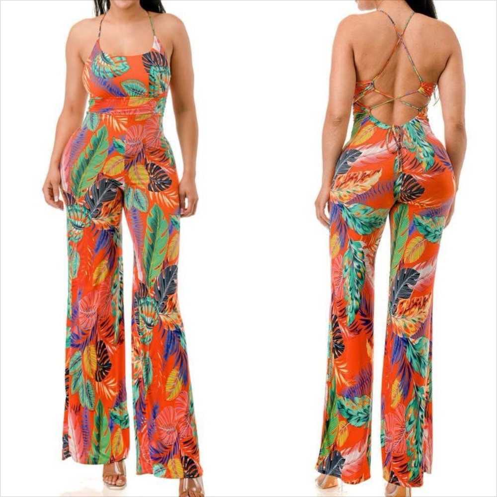 A3 Design Tropical Leaf Print Lace Up Back Wide Leg Jumpsuit Orange Size Small